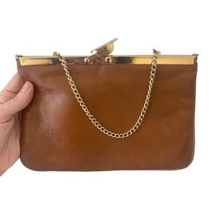 Vintage 80s Evening Clutch Chain Purse Camel Light Brown Leather Hinge New Wave